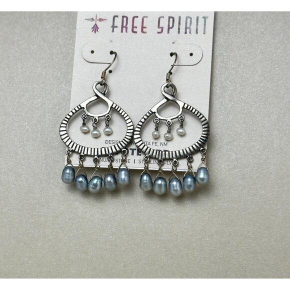 Signed Peyote Bird Boho Chandelier Earrings Oxidized Silver Pearl Drops NWT